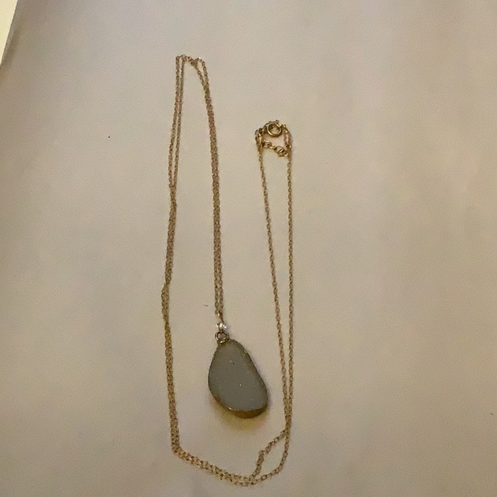 Gold Necklace with white crystal geo Teardrop Pendant 38 inch